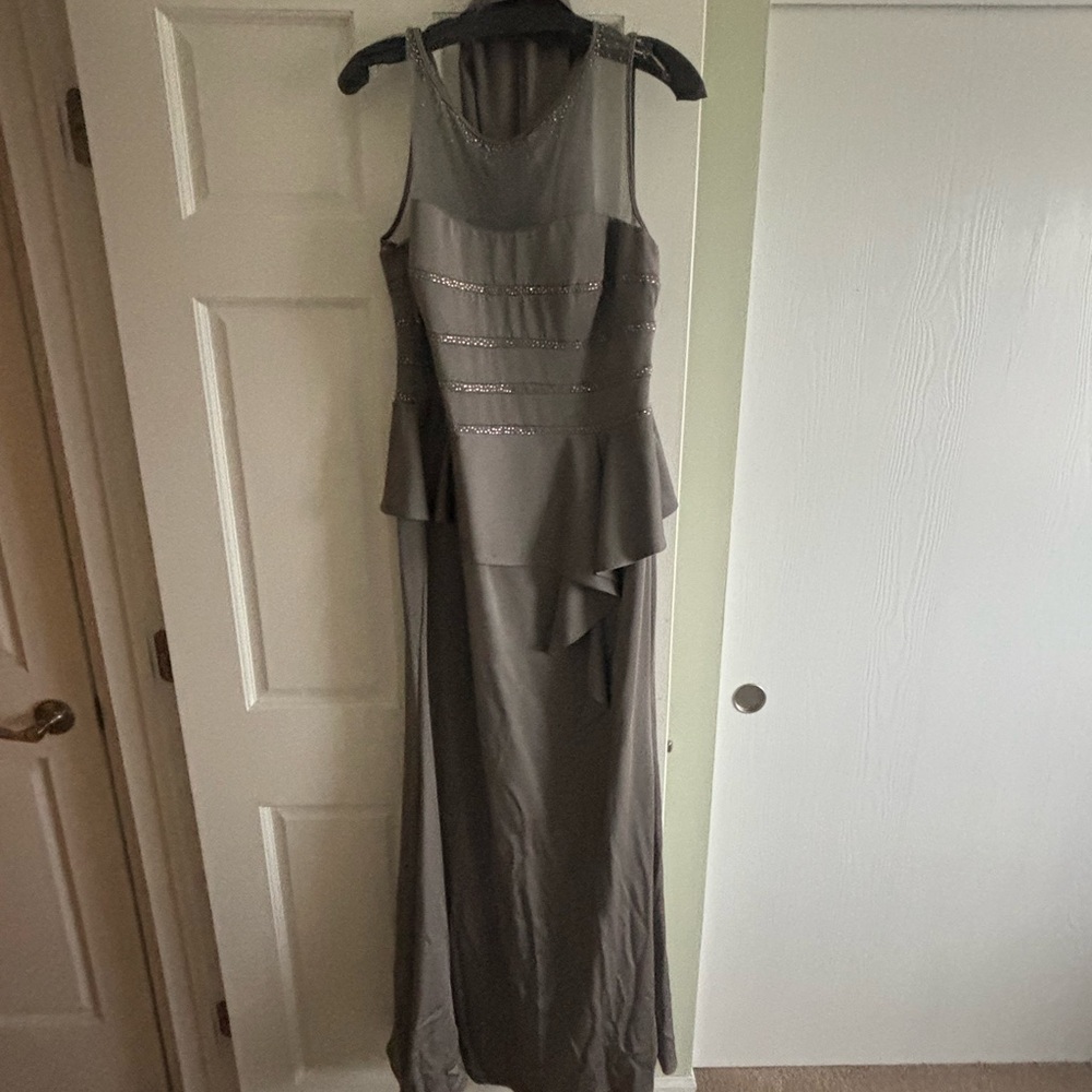 Gray Maxi Sheath Dress with Peplum Ruffles for Wedding Guest